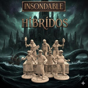 Könnte beinhalten: Werbebild für das Brettspiel "INSONDABLE HÍBRIDOS". Die Illustration zeigt Miniaturfiguren verschiedener Charaktere vor einem dunklen, stürmischen Meer mit einer Stadt im Hintergrund. Der Titel des Spiels ist oben abgebildet.
