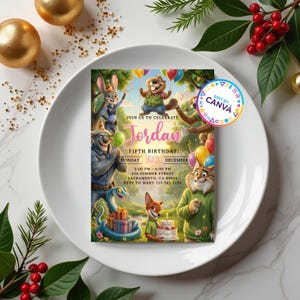 May include: A vibrant birthday invitation with cartoon animal illustrations. The invitation text reads "Join us to celebrate Jordan Fifth Birthday!" with the date, time, and location details. The design includes balloons, a cake, and the text "Edit by Canva."