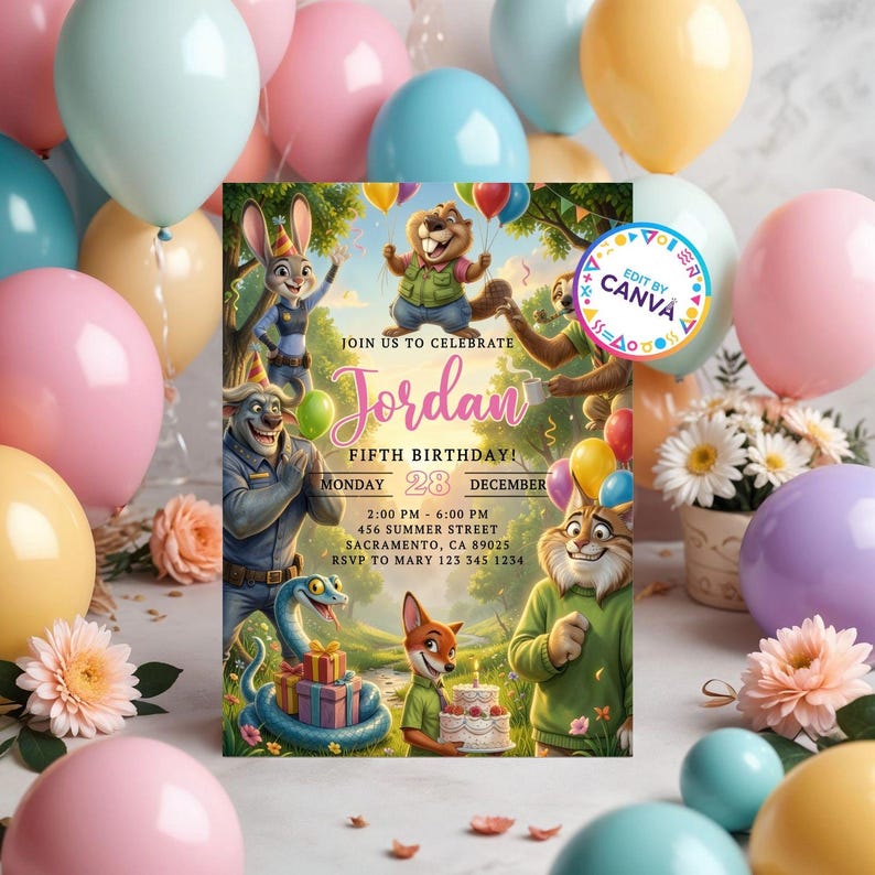 May include: A birthday invitation with cartoon animal illustrations, surrounded by pastel balloons and flowers. The invitation text reads "Join us to celebrate Jordan Fifth Birthday!" with event details. The design creates a cheerful and celebratory feel.
