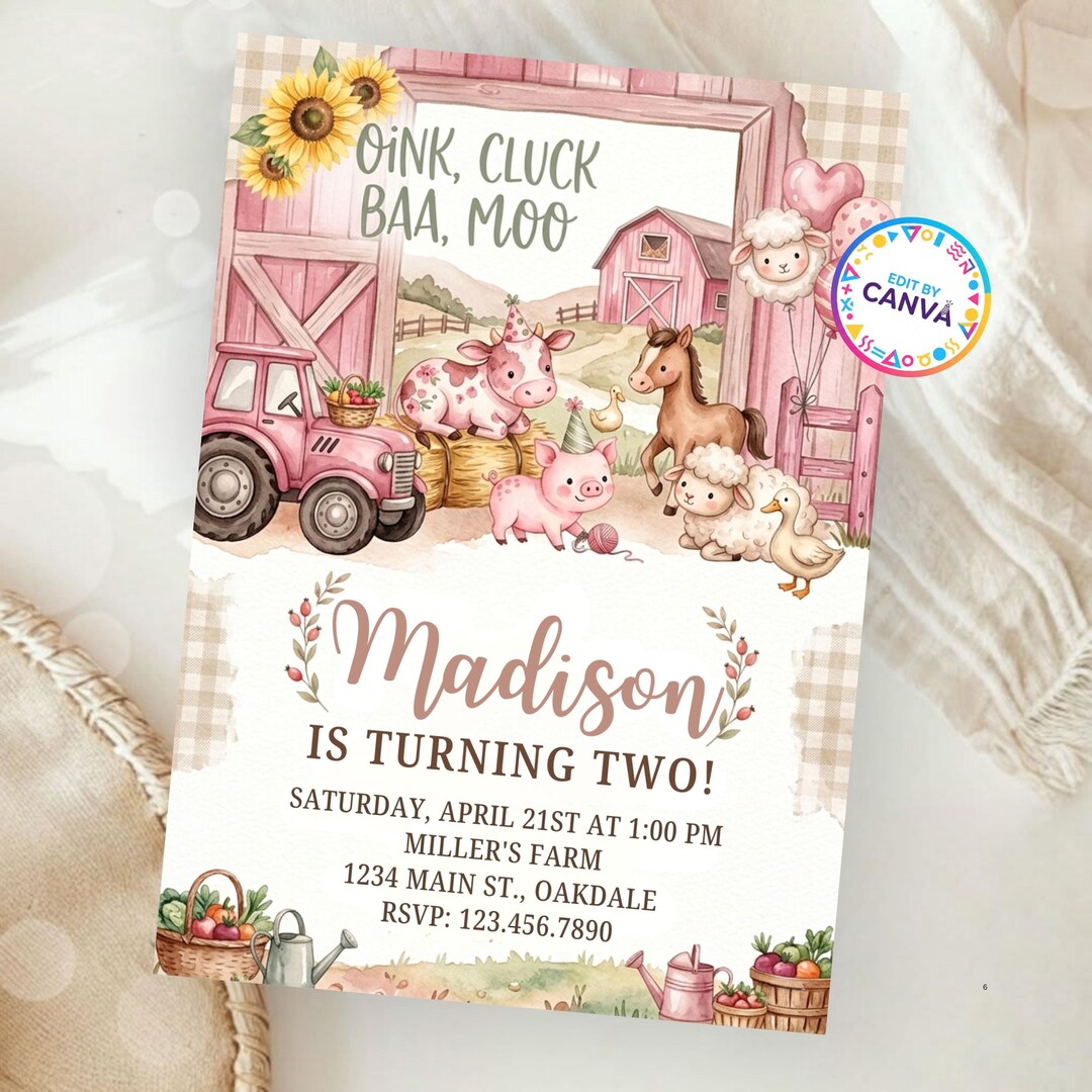 Farm Animal Birthday Invitation, Barnyard Party Invite, Editable Canva ...