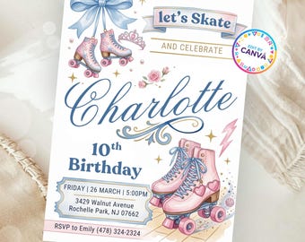 Roller Skating Birthday Invitation for Girls, Pink Purple Skate Party Invite, Editable Canva Kids Birthday Digital Download