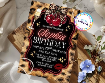 Cheetah Cherry Birthday Invitation, Leopard Print Cherry Party Invite, Cherry On Top Invite, Editable Canva Template, Digital Download