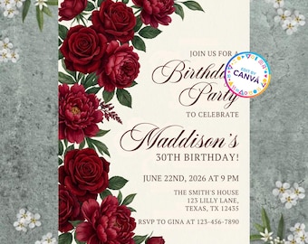 Red Rose Birthday Invitation Editable, Elegant Floral Birthday Party Invite, Rose Petal Dinner Party Evite, Canva Digital Download