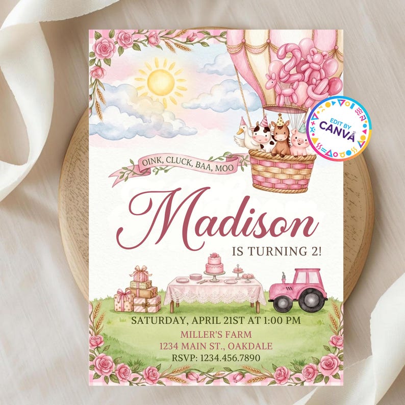 Editable Pink Farm Birthday Invitation, Barnyard Animals Party Invite ...
