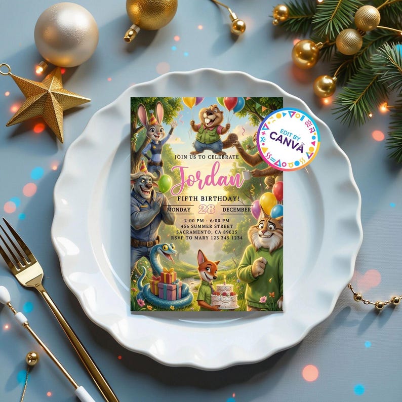 May include: A vibrant birthday invitation with cartoon animal illustrations. The invitation includes the name "Jordan", the date, time, and location of the party. The invitation is decorated with balloons and a forest scene.