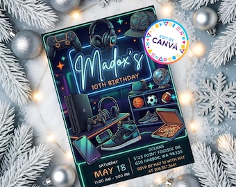 Bruh You In Birthday Invitation, Gamer Party Invite, Neon Glow Gaming Birthday, Editable Canva Template, Boys Birthday Digital Download Card