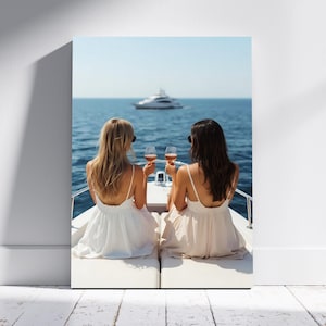 Two Girls with Wine on a Boat: Yacht Poster, Minimalist Nautical Wall Art, Old Money (Digital Download)