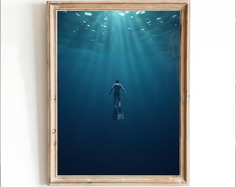 Freediving Art Print | Deep Blue Ocean, Minimalist Diver (Digital Download)