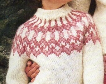vintage childrens Icelandic sweater KNITTING PATTERN pdf Nordic fair isle yoke jumper 22-30 inch Chunky Bulky 12 ply pdf instant download