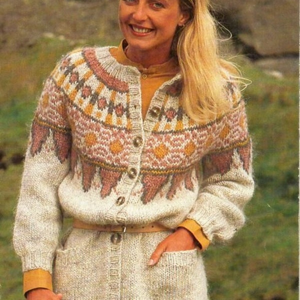 vintage womens Icelandic cardigan KNITTING PATTERN pdf Nordic fair isle yoke long jacket coat 32-42" Chunky Bulky 12ply pdf instant download