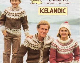 vintage family Icelandic sweater cardigan KNITTING PATTERN pdf fair isle yoke jumper jacket 24-46&quot; Chunky Bulky 12 ply pdf instant download