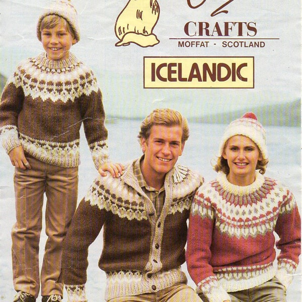 vintage family Icelandic sweater cardigan KNITTING PATTERN pdf fair isle yoke jumper jacket 24-46" Chunky Bulky 12 ply pdf instant download