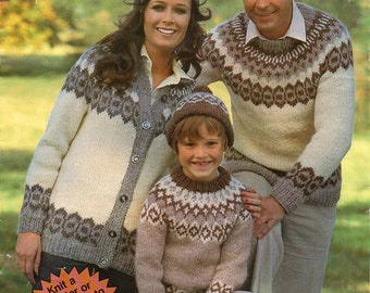 vintage family Icelandic sweater cardigan KNITTING PATTERN pdf fair isle yoke jumper jacket 24-46&quot; Chunky Bulky 12 ply pdf instant download