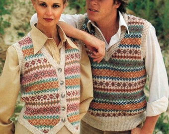 vintage womens mens fair isle tank top waistcoat KNITTING PATTERN pdf fairisle slipover vest 32-42" DK Lt Worsted 8ply pdf instant download