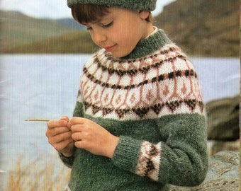 vintage childrens Icelandic sweater KNITTING PATTERN pdf Nordic fair isle yoke jumper 22-30 inch Chunky Bulky 12 ply pdf instant download