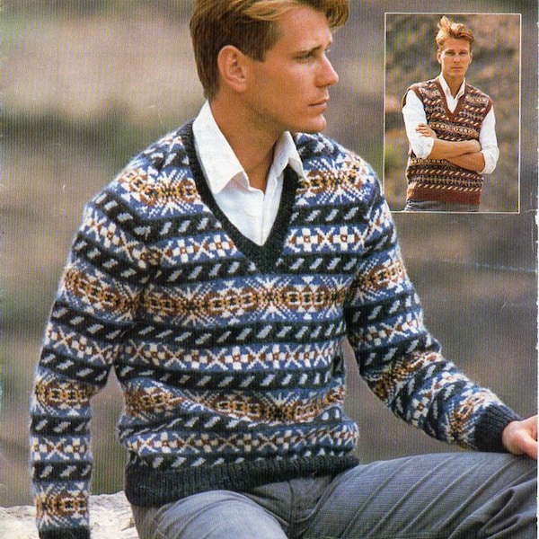 vintage mens fair isle sweater slipover KNITTING PATTERN pdf fairisle tank top jumper 38-44inch DK Lt Worsted 8ply yarn pdf instant download