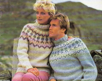 vintage womens mens Icelandic sweater KNITTING PATTERN pdf Nordic fair isle yoke jumper 32-44 inch Chunky Bulky 12 ply pdf instant download