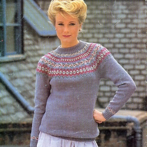 vintage womens fair isle sweater KNITTING PATTERN pdf ladies fairisle yoke jumper 32-40 inch DK Lt Worsted 8ply yarn pdf instant download