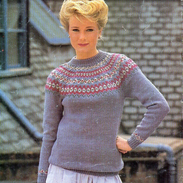 vintage womens fair isle sweater KNITTING PATTERN pdf ladies fairisle yoke jumper 32-40 inch DK Lt Worsted 8ply yarn pdf instant download