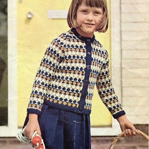 vintage childrens fair isle cardigan KNITTING PATTERN pdf girls fairisle jacket skirt 22-29inch DK Lt Worsted 8ply yarn pdf instant download