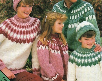 vintage family Icelandic sweater cardigan KNITTING PATTERN pdf fair isle yoke jumper jacket 24-46&quot; Chunky Bulky 12 ply pdf instant download