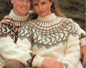 vintage womens mens Icelandic sweater KNITTING PATTERN pdf Nordic fair isle yoke jumper 32-42 inch Chunky Bulky 12 ply pdf instant download