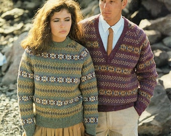 vintage womens mens fair isle sweater KNITTING PATTERN pdf round / v neck fairisle jumper 30-43 inch DK Lt.Worsted 8ply pdf instant download