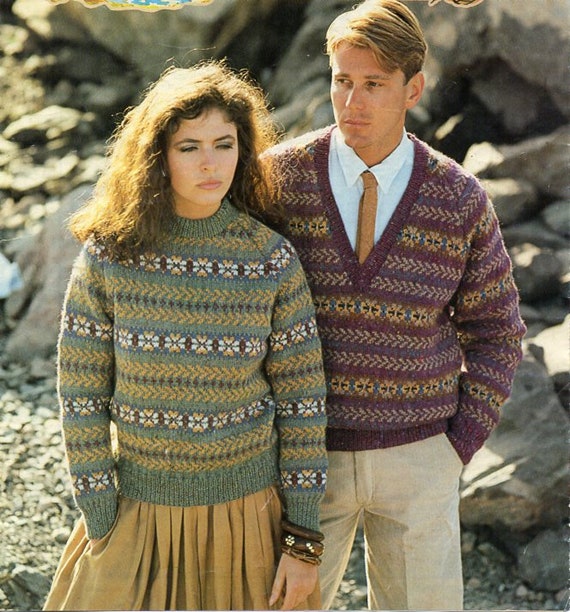 Vintage Womens Mens Fair Isle Sweater KNITTING PATTERN Pdf Round V Neck Fairisle Jumper 30 43 Inch DK Lt.worsted 8ply Pdf Instant Download Etsy