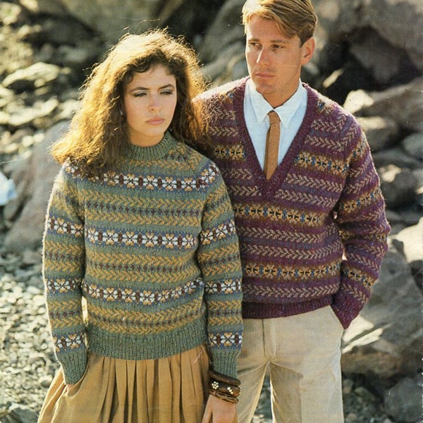 vintage womens mens fair isle sweater KNITTING PATTERN pdf round / v neck fairisle jumper 30-43 inch DK Lt.Worsted 8ply pdf instant download