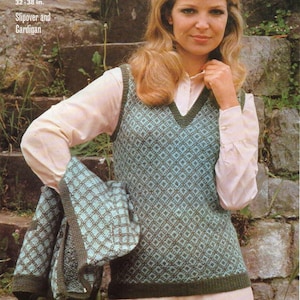 vintage womens fair isle cardigan tank top KNITTING PATTERN pdf ladies fairisle jacket slipover 32-40&quot; 4ply fingering pdf instant download