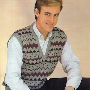 vintage mens fair isle slipover KNITTING PATTERN pdf v neck fairisle tank top  36-44 inch 4ply fingering yarn pdf instant download