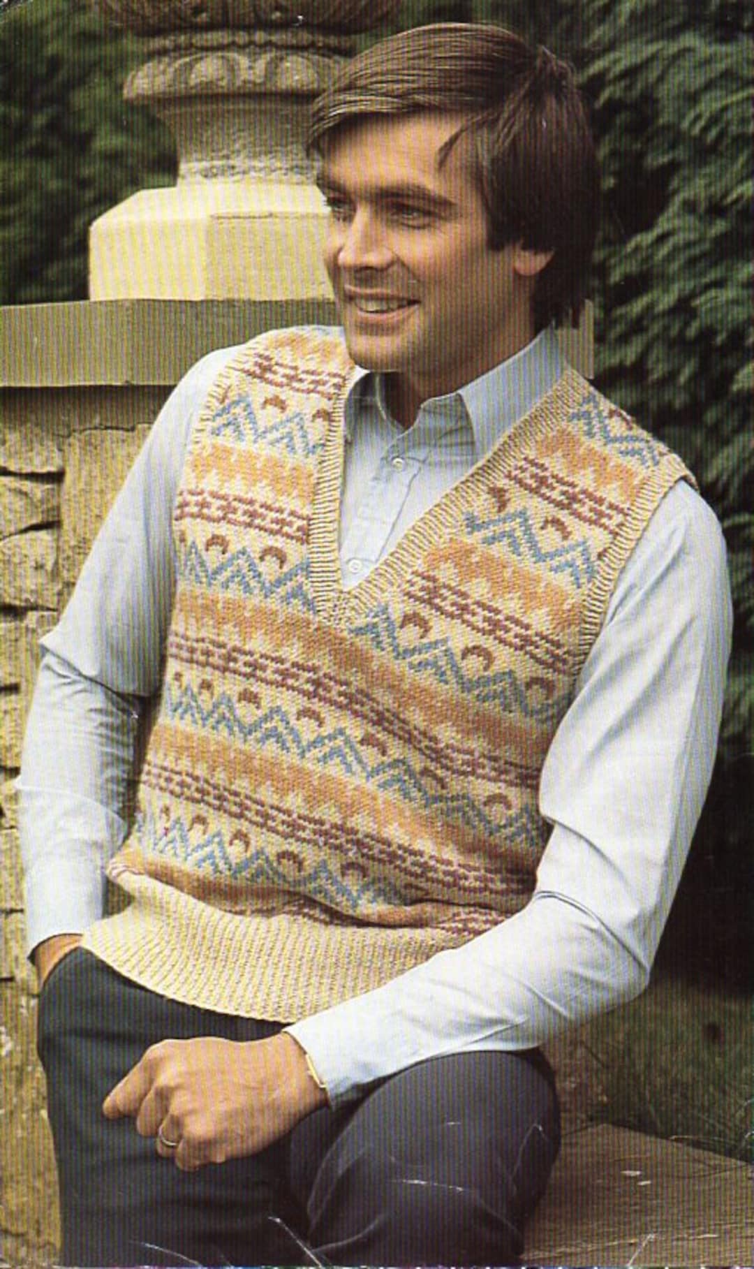 Vintage Mens Fair Isle Slipover KNITTING PATTERN Pdf V Neck Fairisle Tank Top 2648 Inch DK Lt