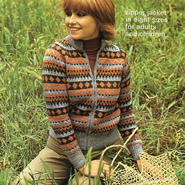 vintage womens fair isle cardigan KNITTING PATTERN pdf ladies fairisle zipper jacket 24-38 inch DK  lt. worsted 8ply pdf instant download