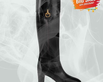 Women's boots with half Horsebit black leather ,boots Shoes For Women