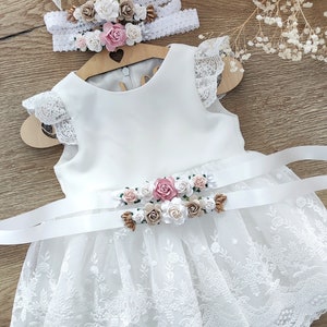 Ecru Baptism dress, Christening dress, Ecru dress with lace, baby dress GEORGIA