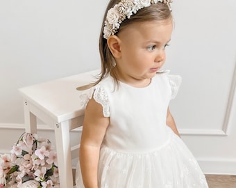 Ecru Christening Dress with Lace, Handmade Baby Dress GEORGIA