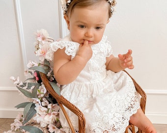 Ecru Lace Christening Dress, Cotton Baptism Gown