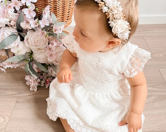 ARMINA Ecru Baptism dress, Christening dress, Ecru dress with lace, baby dress