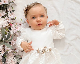 Ecru Baptism dress, Christening dress, Ecru dress with lace, baby dress Hiacynta