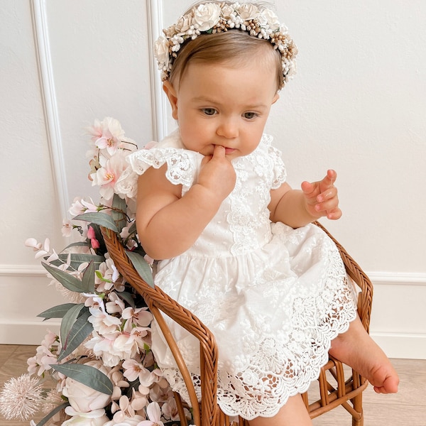 DOLORES Ecru Baptism dress, Christening dress, Ecru dress with lace, baby dress Hiacynta