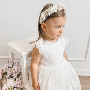 Ecru Christening Dress with Lace, Handmade Baby Dress GEORGIA