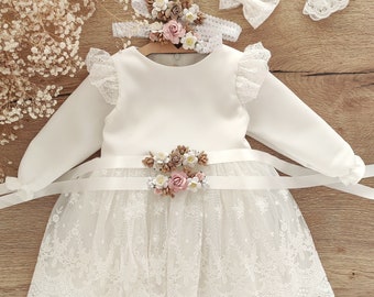 Ecru Baptism dress, Christening dress, Ecru dress with lace, baby dress GEORGIA