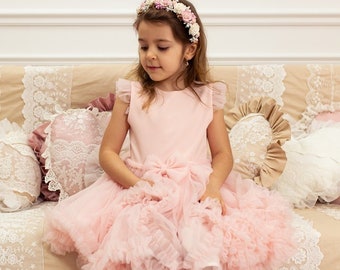 tutu tulle pink dress, Girl Wedding Dress, tulle dress Christening gown, ALMA DRESS