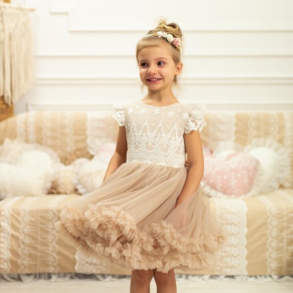 NORA DRESS, beige baptism Girls dress, baby Photoshoot Dress,Girl Wedding Dress, tulle dress Christening gown