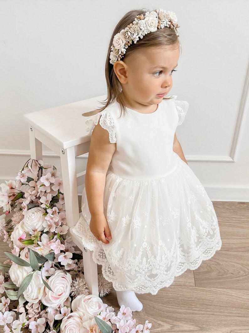 Couronne de fleurs blanche, beige et dorée, couronne de première communion image 4