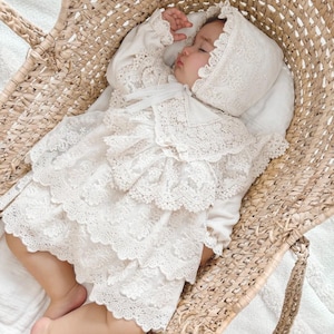 BEIGE Baptism dress, Christening dress, beige dress with lace, baby dress