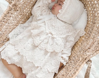 Beige Christening Dress, Baby Girl Lace Dress AURORA