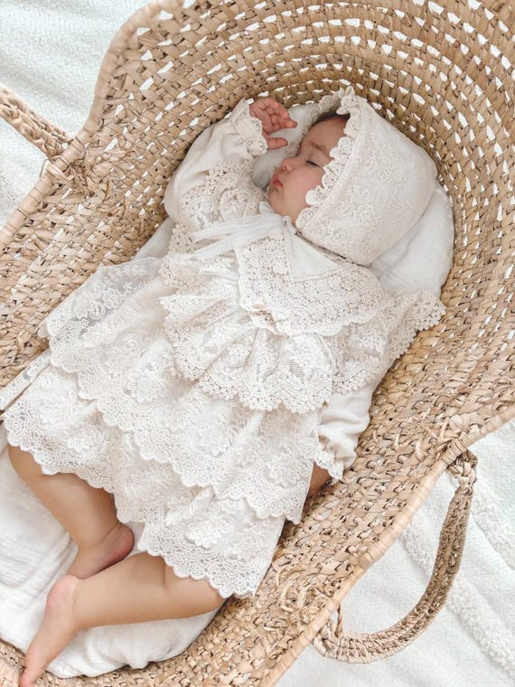 Beige Christening Dress, Baby Girl Lace Dress AURORA