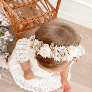 Couronne de fleurs blanche, beige et dorée, couronne de première communion image 2