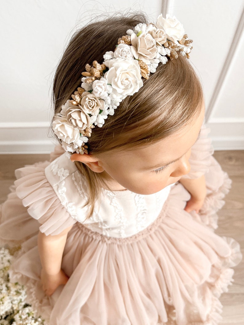 Couronne de fleurs blanche, beige et dorée, couronne de première communion image 1